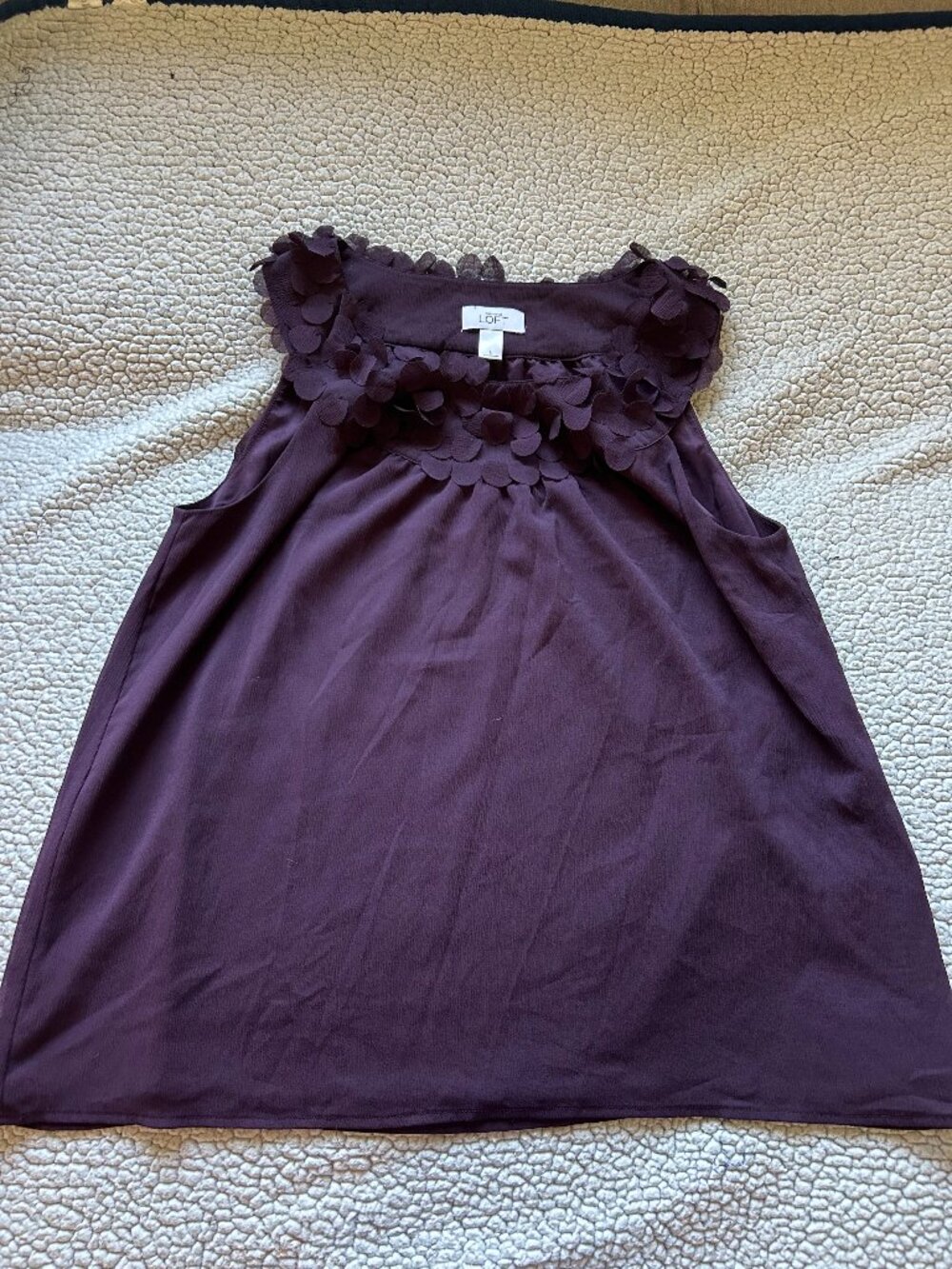 Loft -- purple dressy tank top blouse, circle ruffles on neck